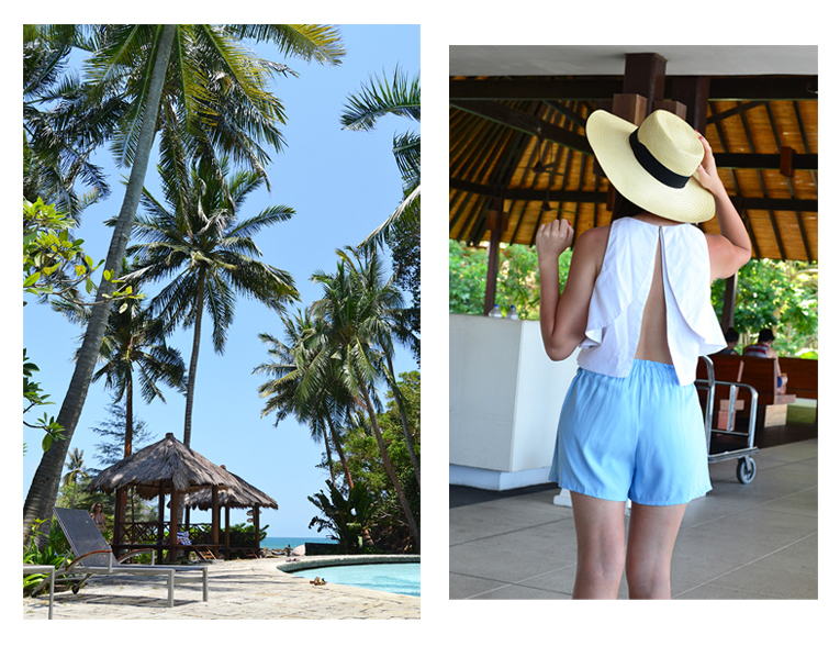 Batam Indonesia, Baby blue shorts with a bow, white crop top with open back, white ugly shoes, big hat