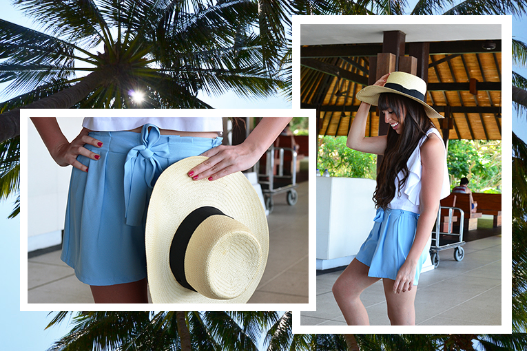 Batam Indonesia, Baby blue shorts with a bow, white crop top with open back, white ugly shoes, big hat