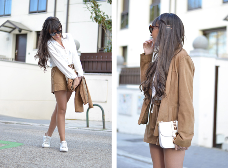 Suede shorts, suede jacket, White shirt with lace-up, wildfox sunglasses, white sneakers, street style