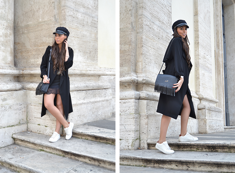 Military cap, fluid black trench, white sneakers, lace skirt, rome, italy