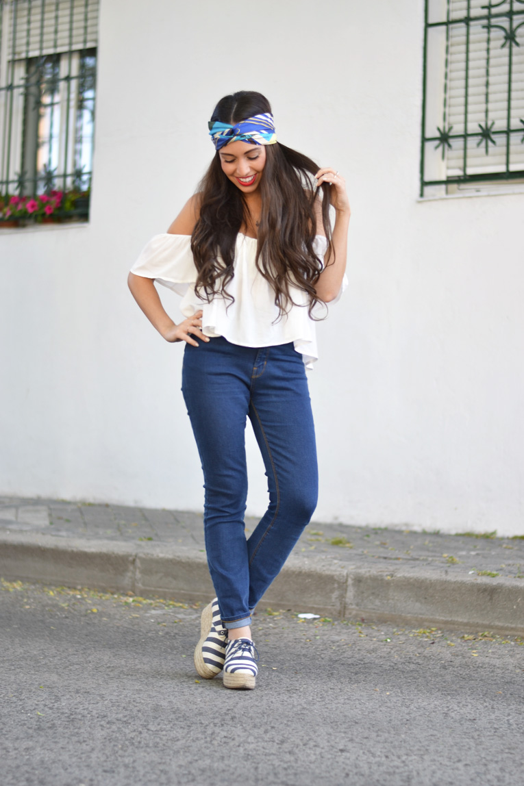street style, off the shoulder white crop top, turban, high waisted pants, flatforms espadrilles