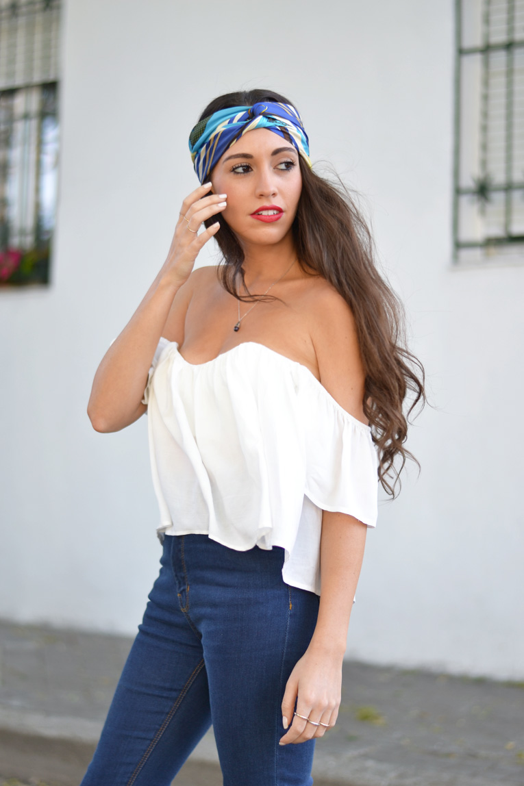 street style, off the shoulder white crop top, turban, high waisted pants, flatforms espadrilles