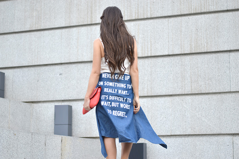 Street style, ethnic skirt, denim shirt, message shirt, quote clothing, white sneakers, lace top, red lips, wildfox sunglasses