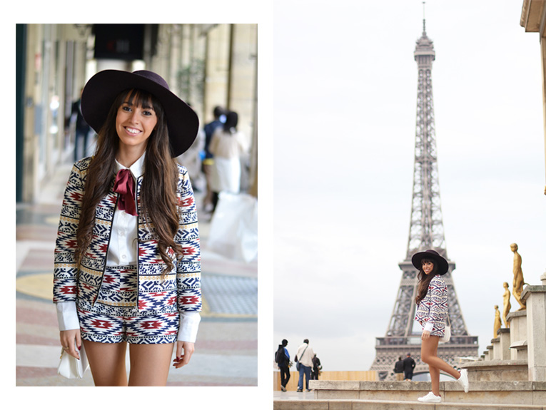 la redoute, paris, street style, white sneakers, matchy matchy, ethnic print, bow in a shirt, burgundy hat, 