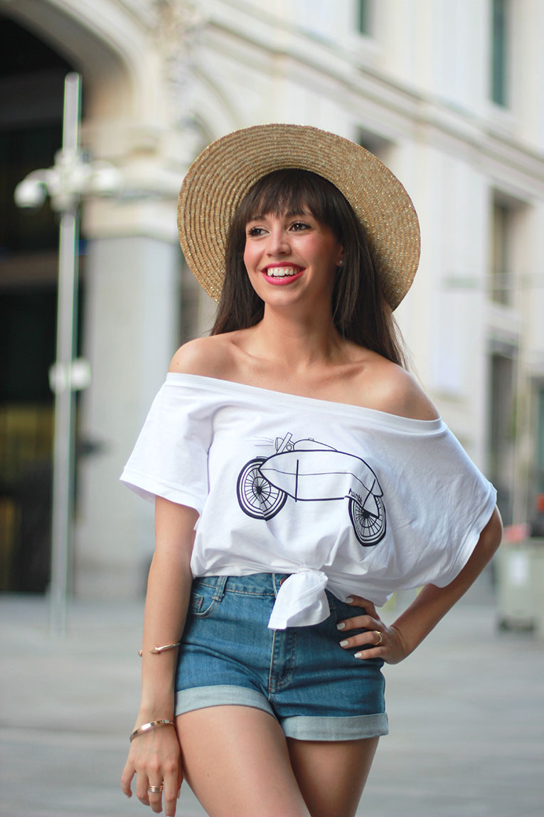 Summer outfit, street style, knotted top, humble spain, collaboration, hat, crop top, high waisted shorts
