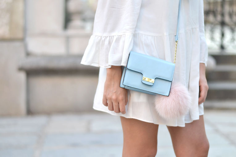 Street style, total white, chunky shoes, off the shoulder, bardot dress, furry bag, rounded sunglasses, playsuit, bag pompom