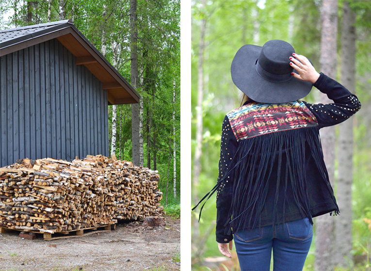 street style, fringes, fringed jacket, suede jacket, high waisted jeans, studded boots, crop top, black hat, nature, finland, lakes, kuopio
