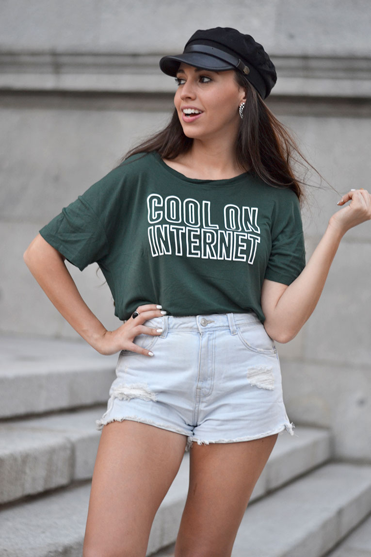 Street style, tipography t-shirt, lace up shoes, text tee, high waisted shorts, military cap, ear cuff