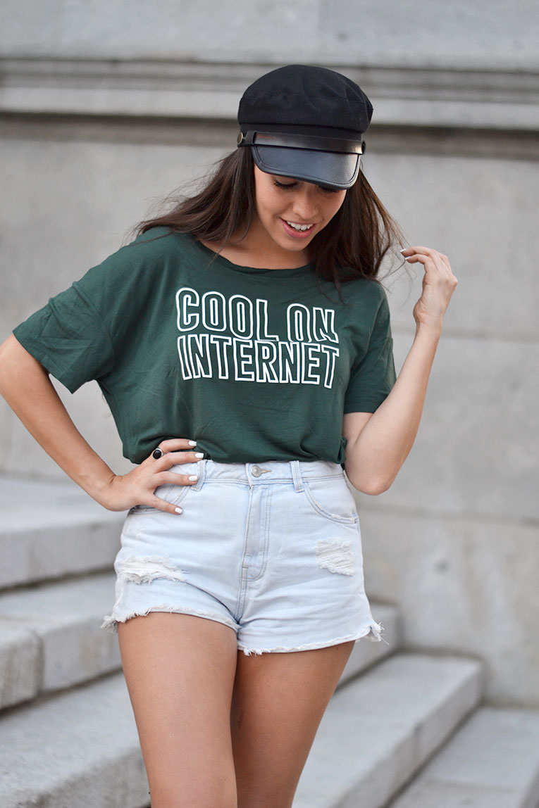 Street style, tipography t-shirt, lace up shoes, text tee, high waisted shorts, military cap, ear cuff