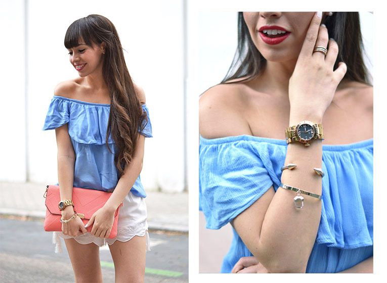 Street style, bardot top, off the shoulders, chunky shoes, white sandals, baby blue