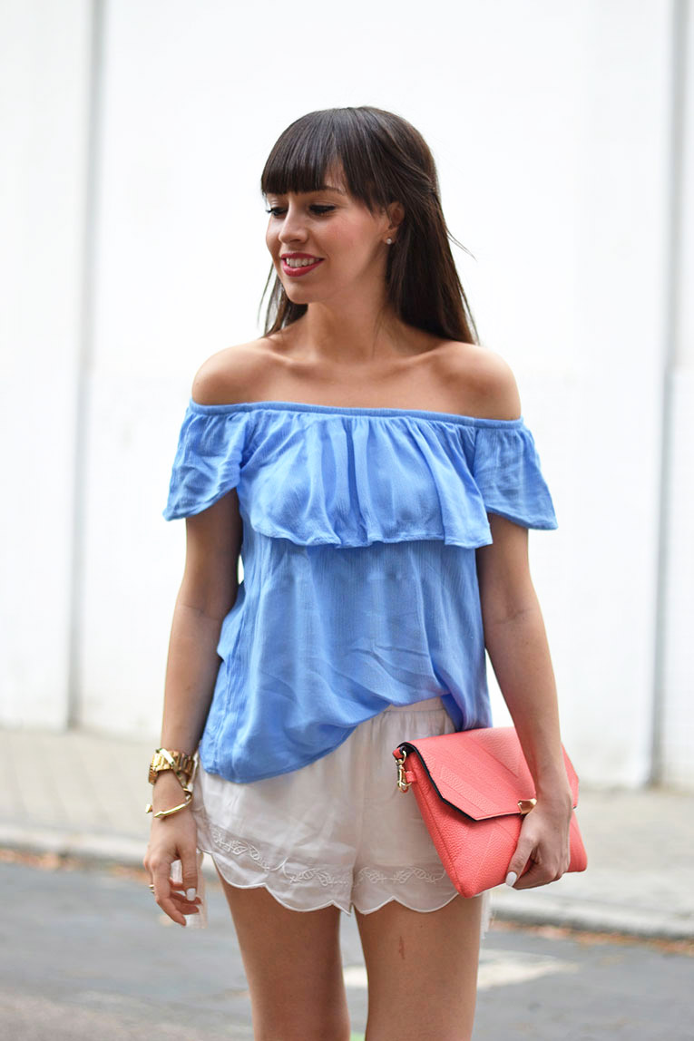 Street style, bardot top, off the shoulders, chunky shoes, white sandals, baby blue