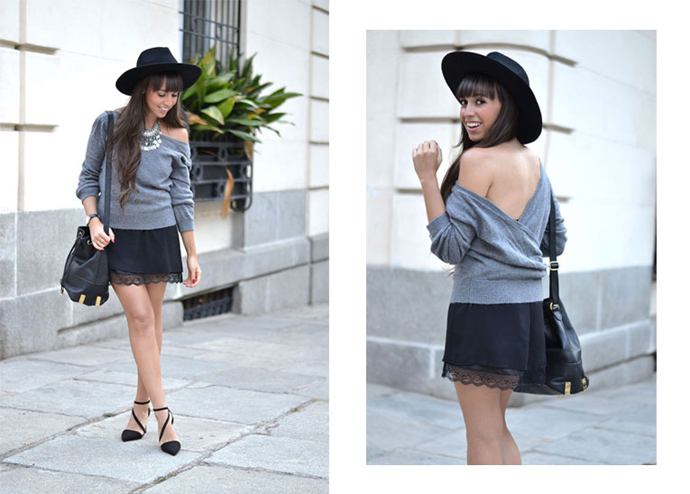 street style, la redoute, autumn, backless sweater, lace dress, black hat, lace up heels, silver necklace
