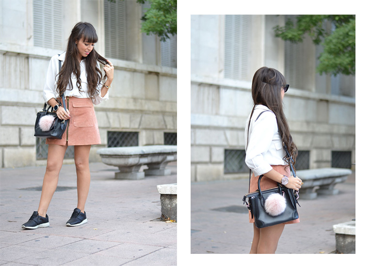 Street style, suede skirt, salmon skirt, A skirt, trapeze skirt, black sneakers, lace up shirt, bag pom pom, huawei smart watch, collaboration, 