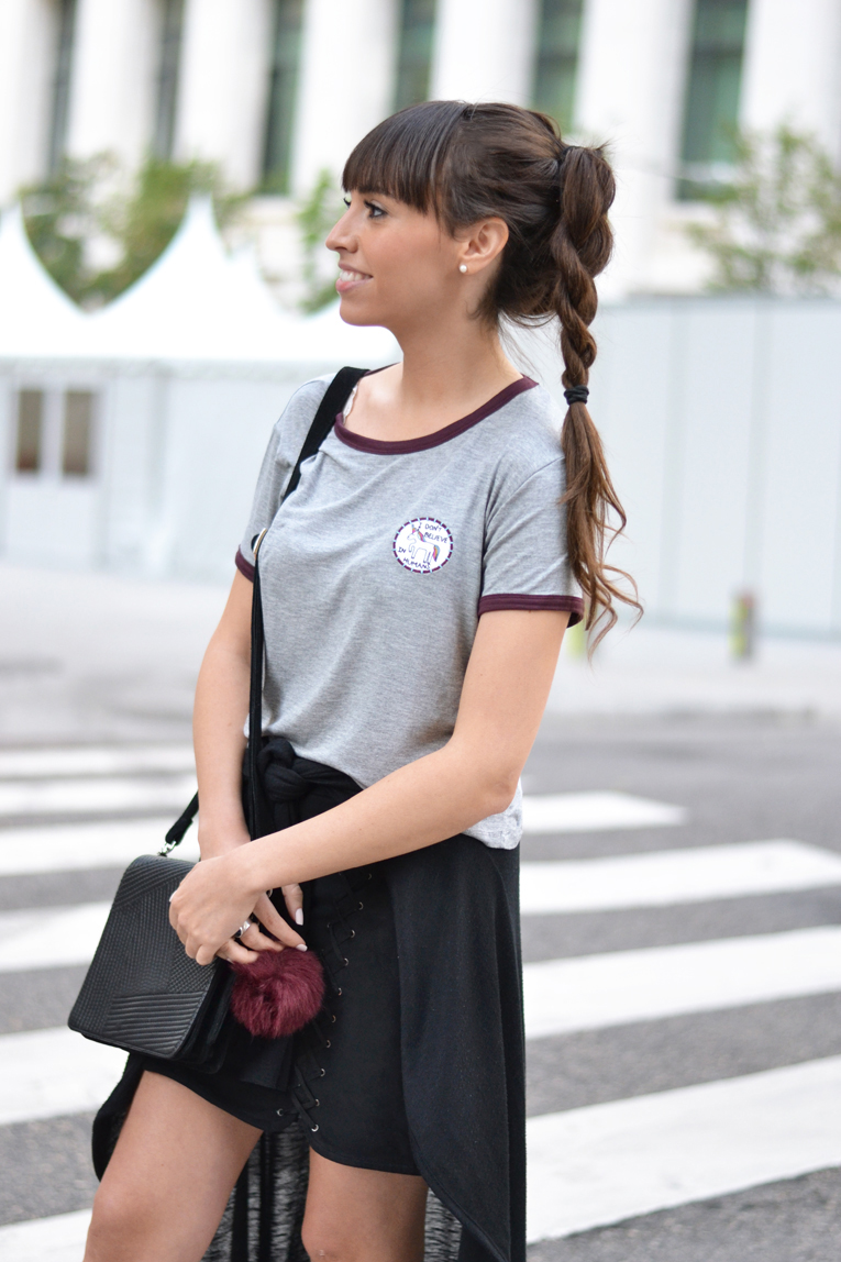 street style, braid ponytail, lace up skirt, unicorn t-shirt, pom pom bag