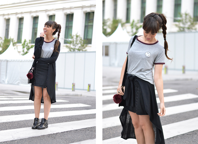 street style, braid ponytail, lace up skirt, unicorn t-shirt, pom pom bag