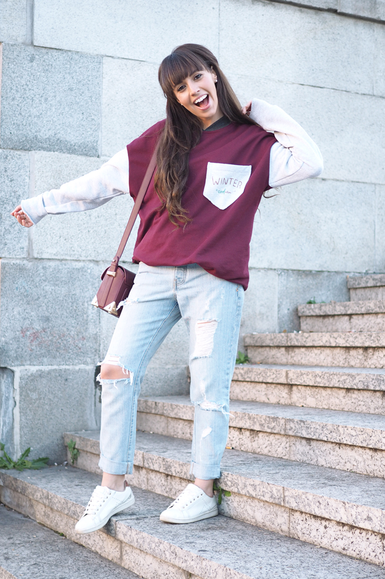 Kaiku Caffè Latte Coolection, sweatshirt, casual outfit, ripped jeans, white sneakers, burgundy, 