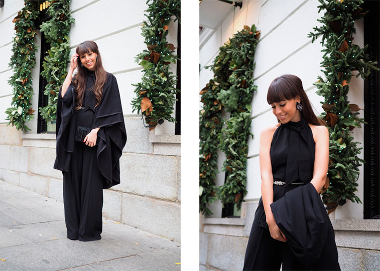 Christmas outfit, total black outfit, flared jumpsuit, black cape, dress up look, la redoute total look
