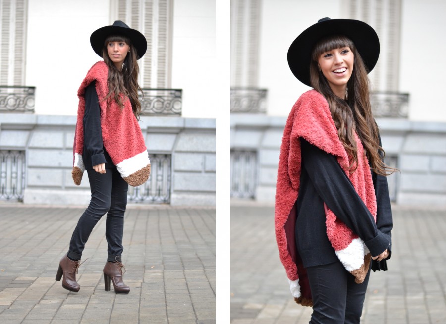Street style, faux fur stole, total black outfit, black hat, winter outfit, autumn outfit