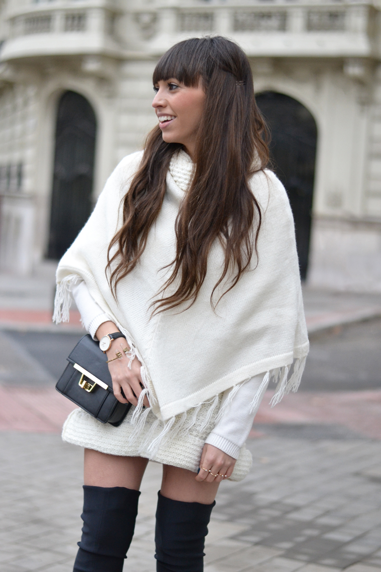 Street style, winter outfit, over the knee boots, black and white outfit, white cape