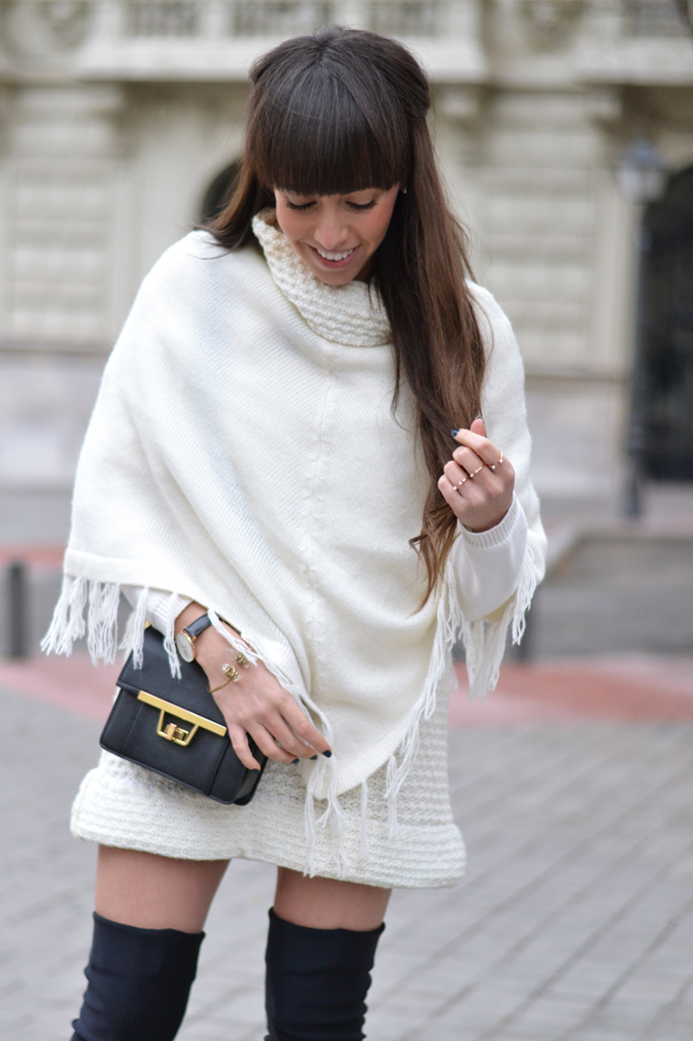 Street style, winter outfit, over the knee boots, black and white outfit, white cape