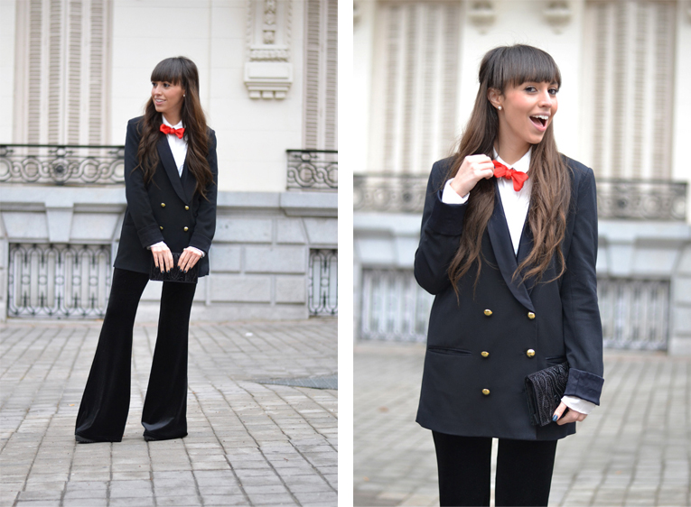 Christmas outfit, street style, velvet pants, flared pants, suit for girls, red bow tie