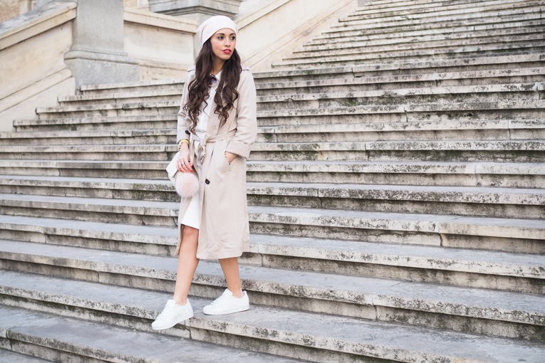Street style, trench coat outfit, light colors look, pink beanie