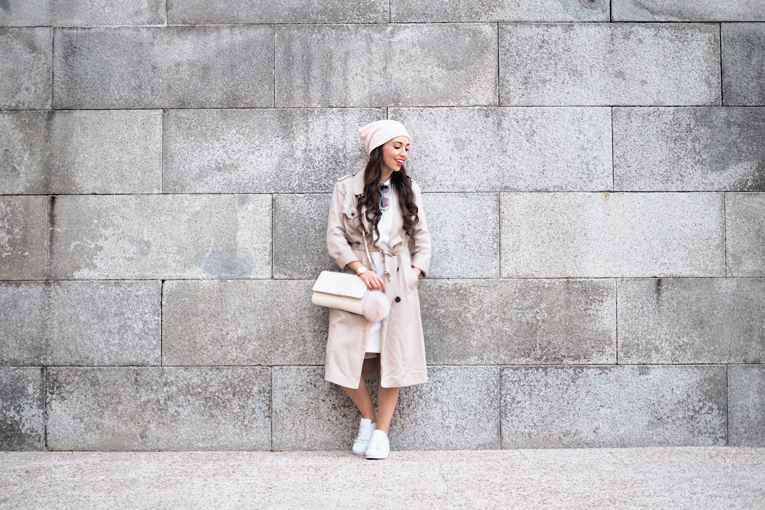 Street style, trench coat outfit, light colors look, pink beanie