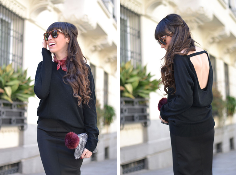 Street Style, casual look, total black outfit, backless sweater, midi skirt, lack sneakers, burgundy pom-pom, small scarf