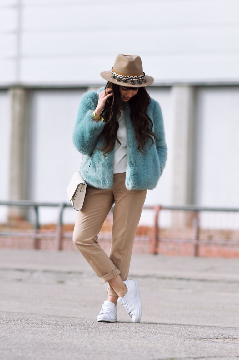 Street style, soft colors, faux fur blue coat, boho coins hat, white sneakers, comfy outfit