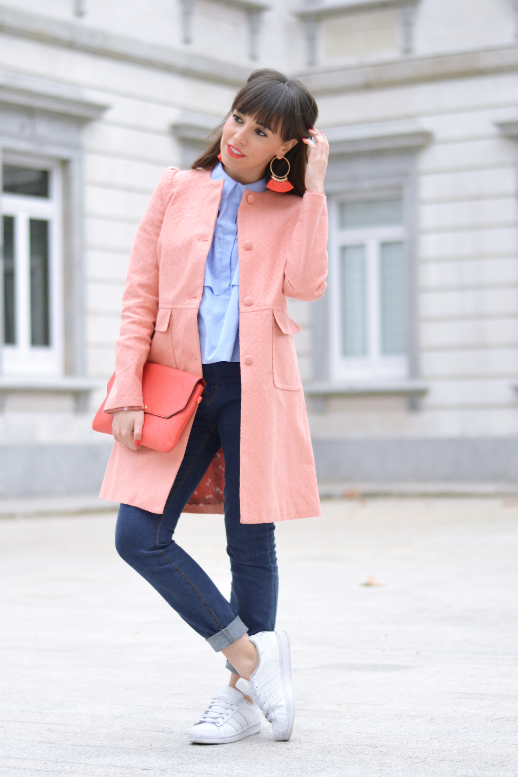 Spring outfit, street style, cut out shoulder shirt, coral earrings, coral coat from La Redoute, white sneakers