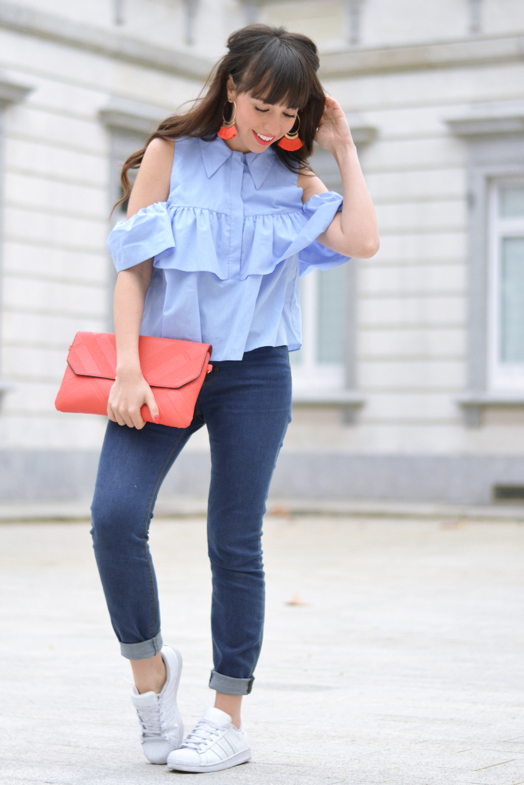 Spring outfit, street style, cut out shoulder shirt, coral earrings, coral coat from La Redoute, white sneakers