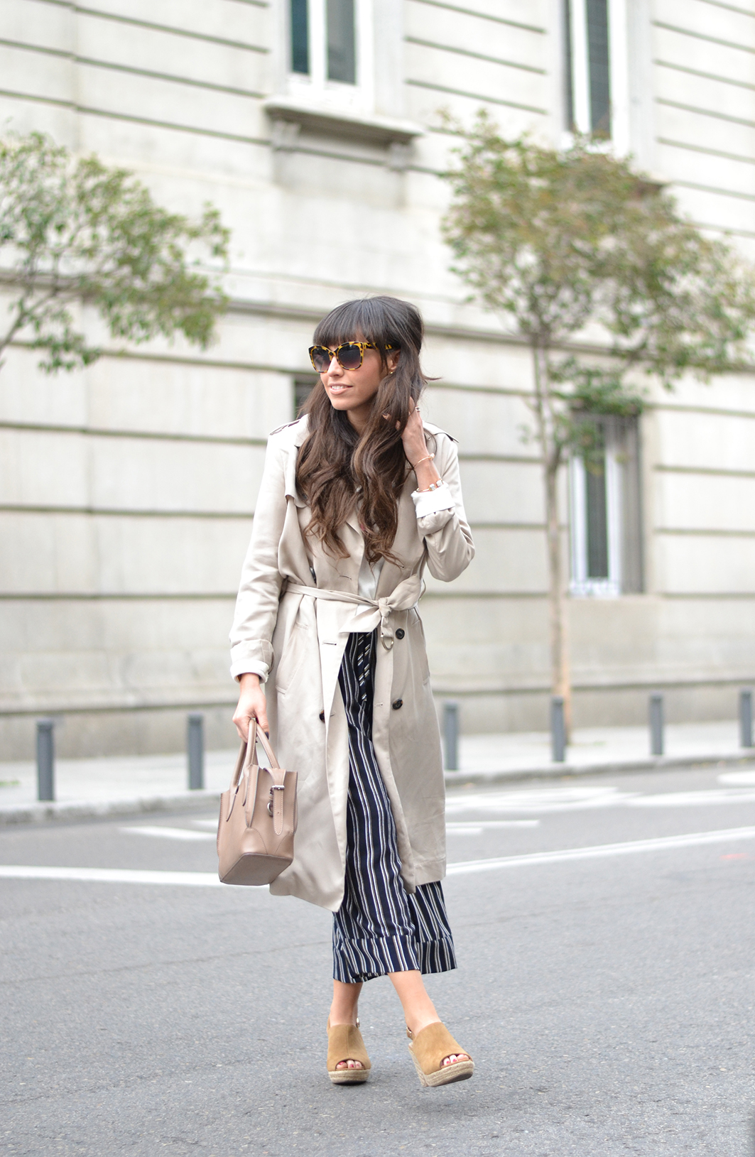 Street style, spring outfit, striped culottes pants, Okeysi total look, trench coat, leather platform