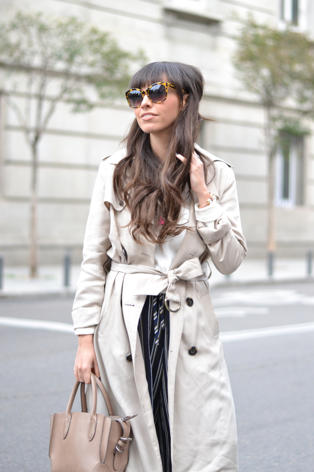 Street style, spring outfit, striped culottes pants, Okeysi total look, trench coat, leather platform
