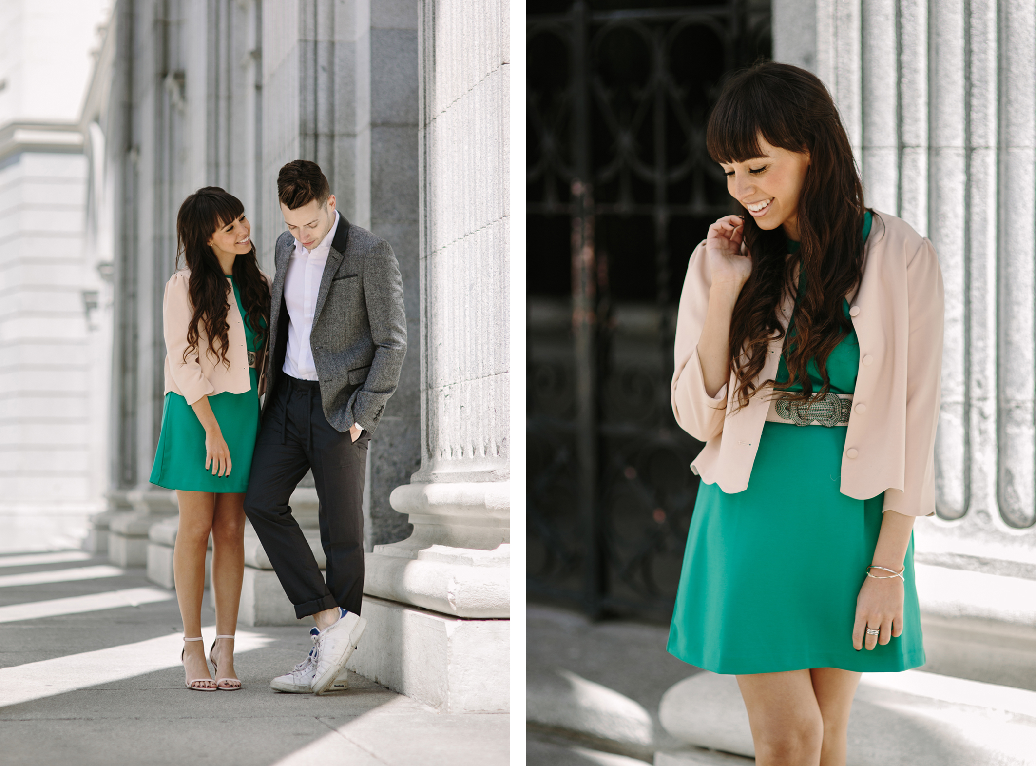 Mixing colors, green dress, street-style, ceremony outfit, couple outfit, la redoute