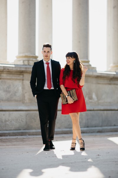 Street style, couple ceremony outfit, red dress, We say oui look