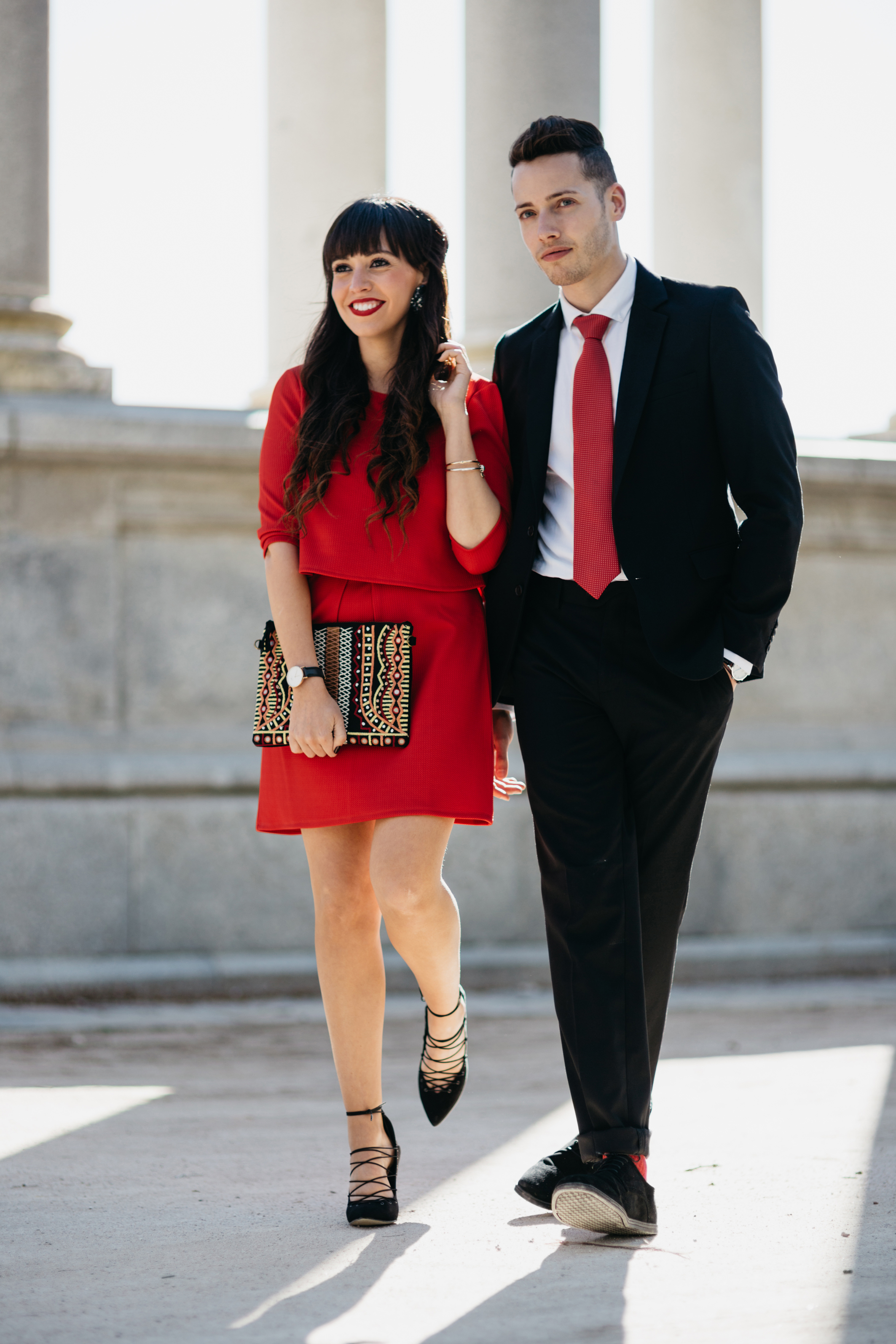 Street style, couple ceremony outfit, red dress, We say oui look