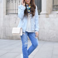 denim pants style, baby blue jacket printed scarf, carven pour la redoute jacket, street style outfit