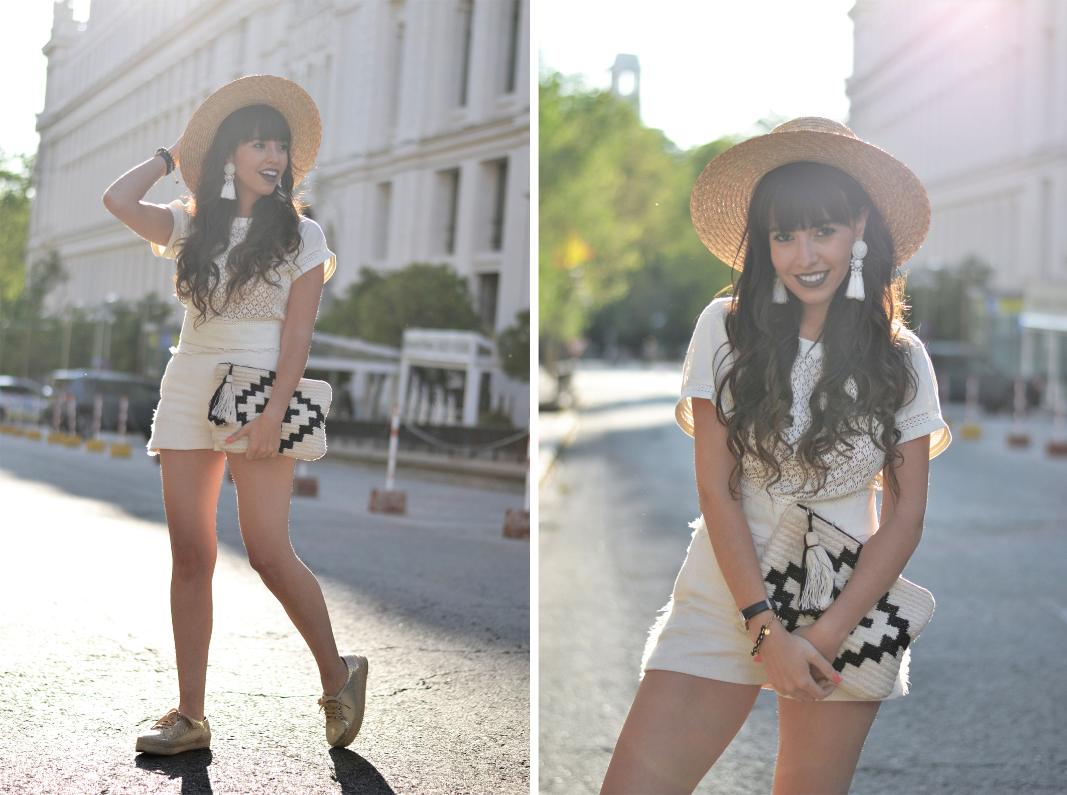 Street style, Summer outfit, Two pieces outfit, total white, backless top, hat
