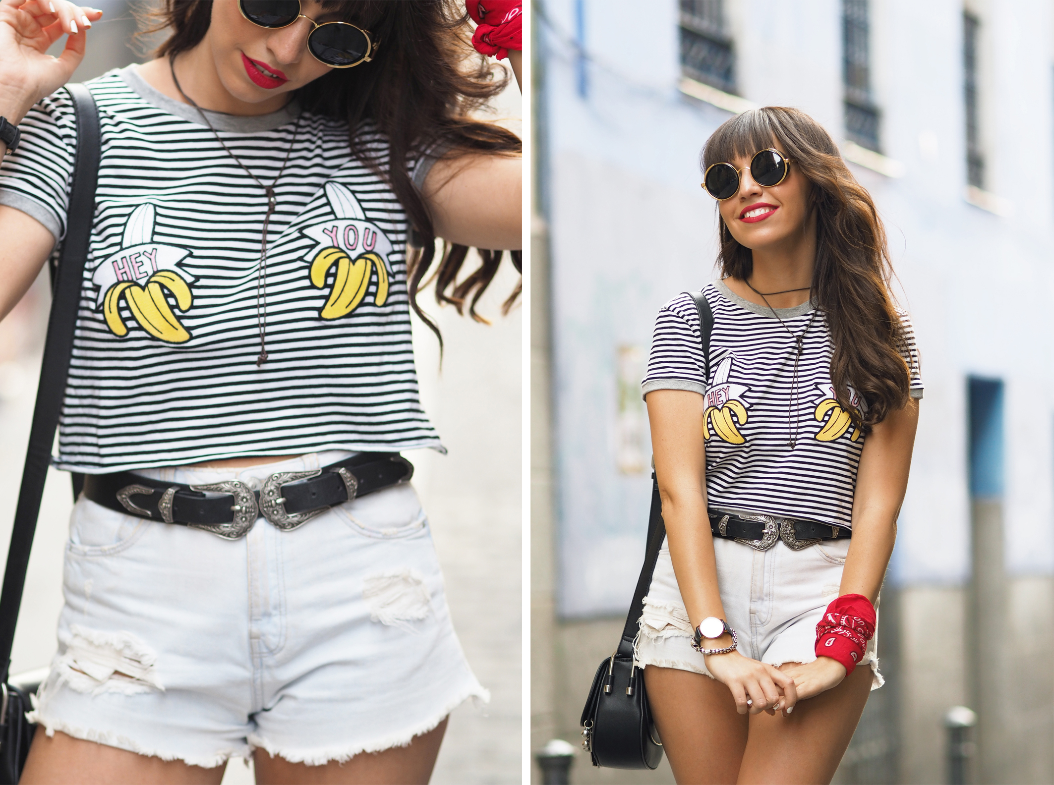 Street style, summer outfit, casual look, banana t-shirt, striped t-shirt, ripped denim shorts, chunky sandals