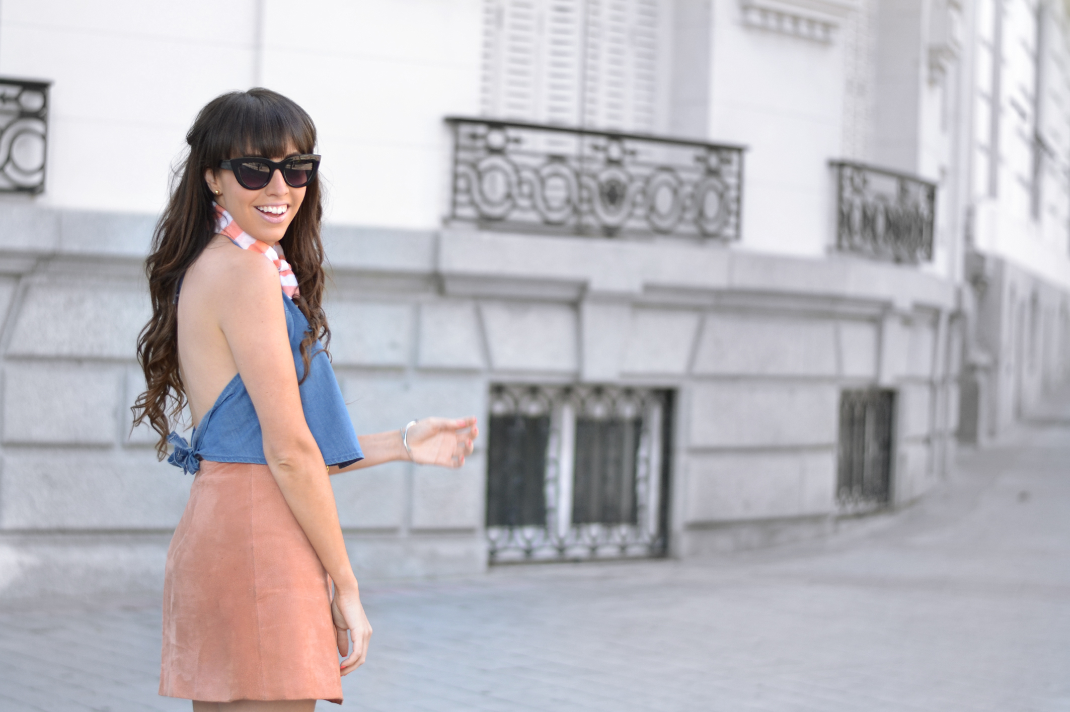 Street style, summer outfit, Backless denim top, suede skirt, platform espadrilles, small scarf