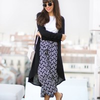 Street style, ethnic culotte pants, long jacket, summer outfit