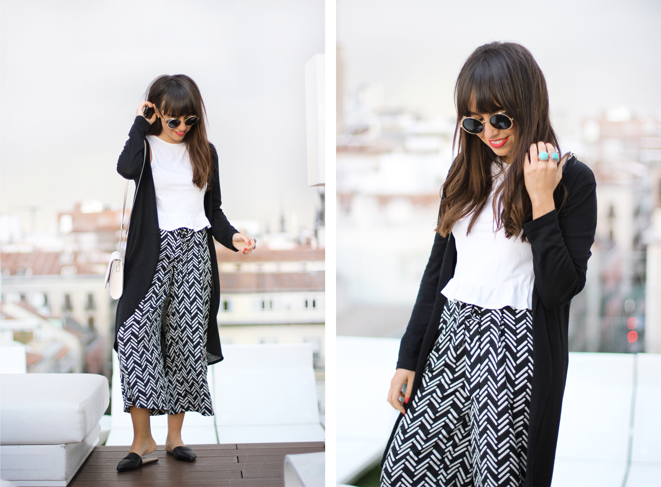 Street style, ethnic culotte pants, long jacket, summer outfit