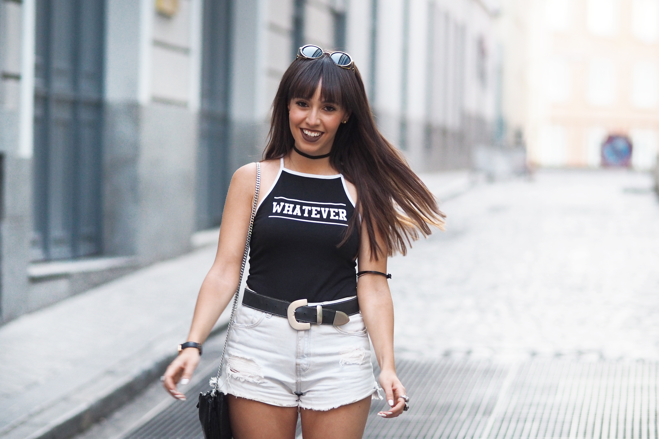black bodysuit whatever, ripped denim shorts, chunky sandals, chocker necklace, summer outfit, street style