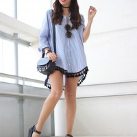 Street style, oversized trend, Striped shirt with pompoms, shirt dress, military black cap, chunky sandals