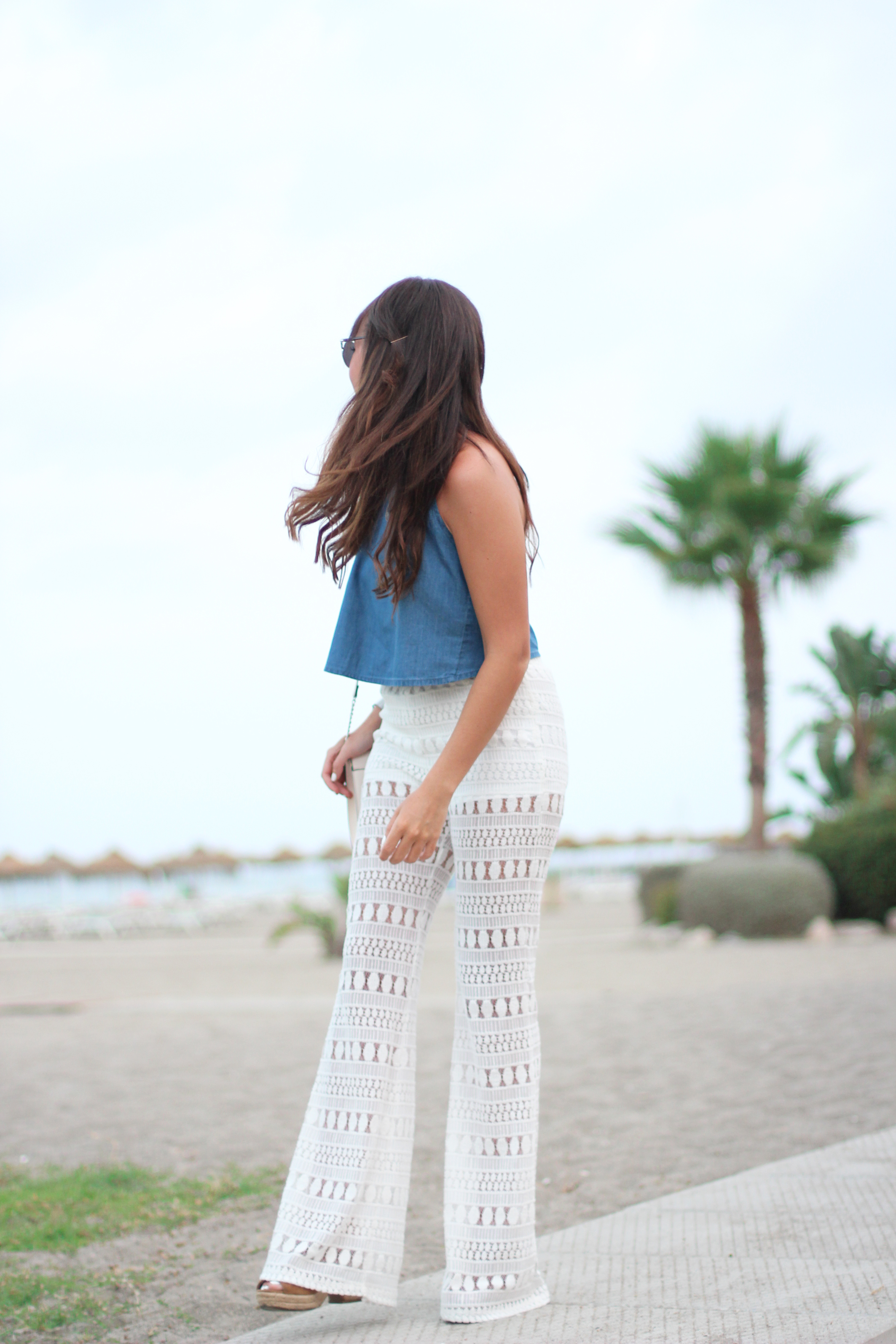 crochet pants, denim-top, summer outfit, street style, christian dior sunglasses so real