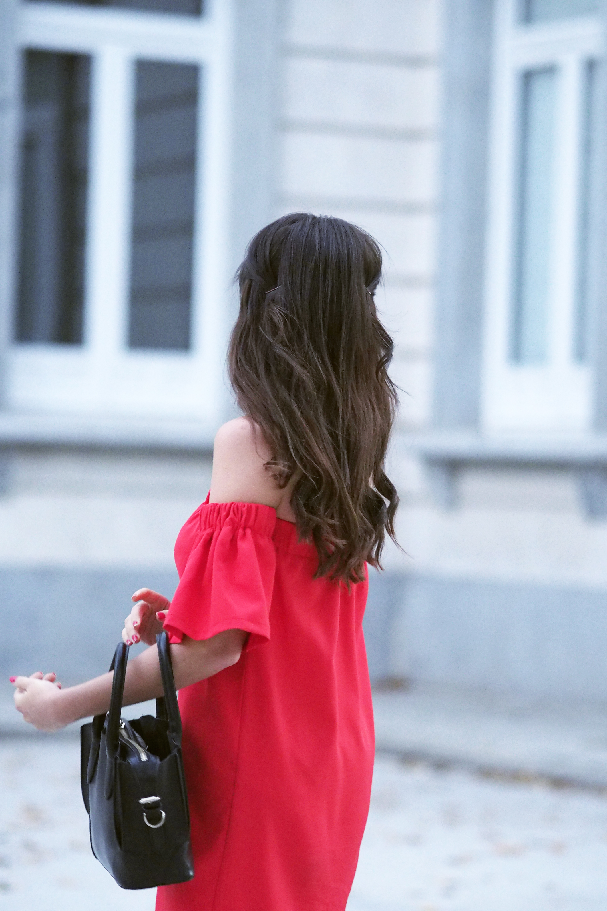 street style, summer outfit, off the shoulders, red dress, bardot, choker