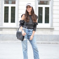 cut out sweater, mom jeans, cap outfit, street style