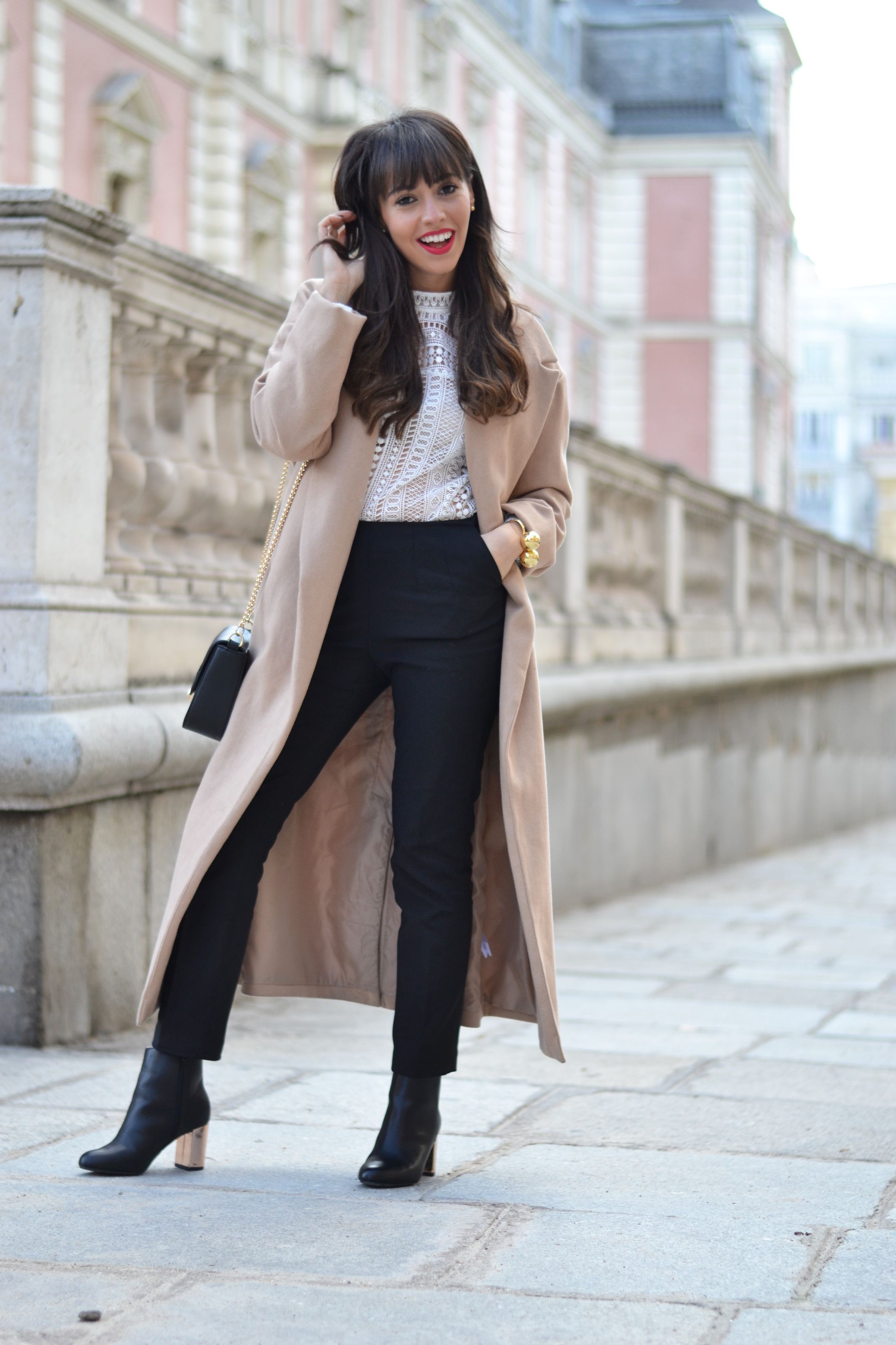 Street style, extra long coat, gold heels boots, La Redoute outfit, winter outfit