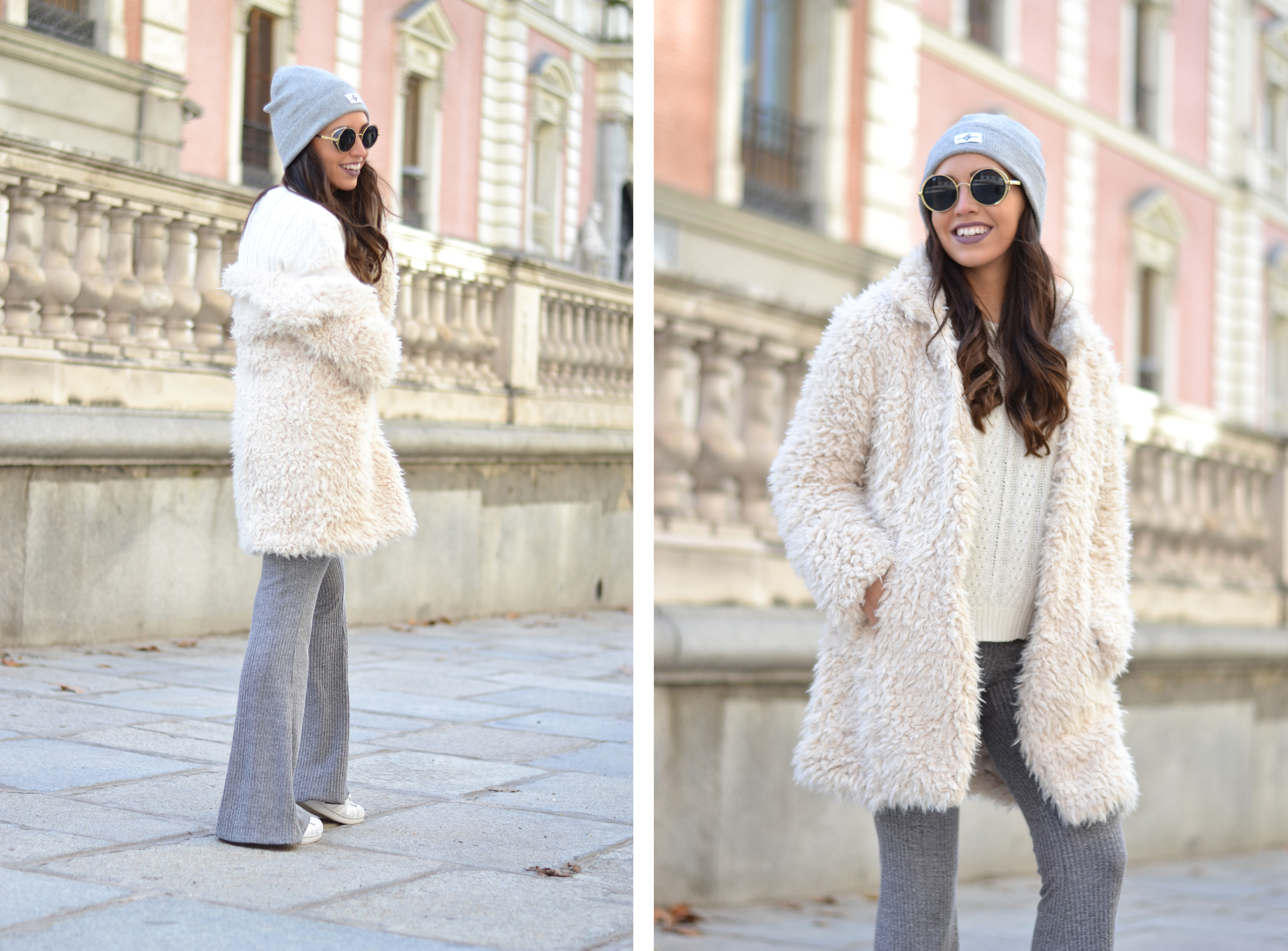 Winter outfit, street style, Warm white coat, knited flared pants, grey beanie