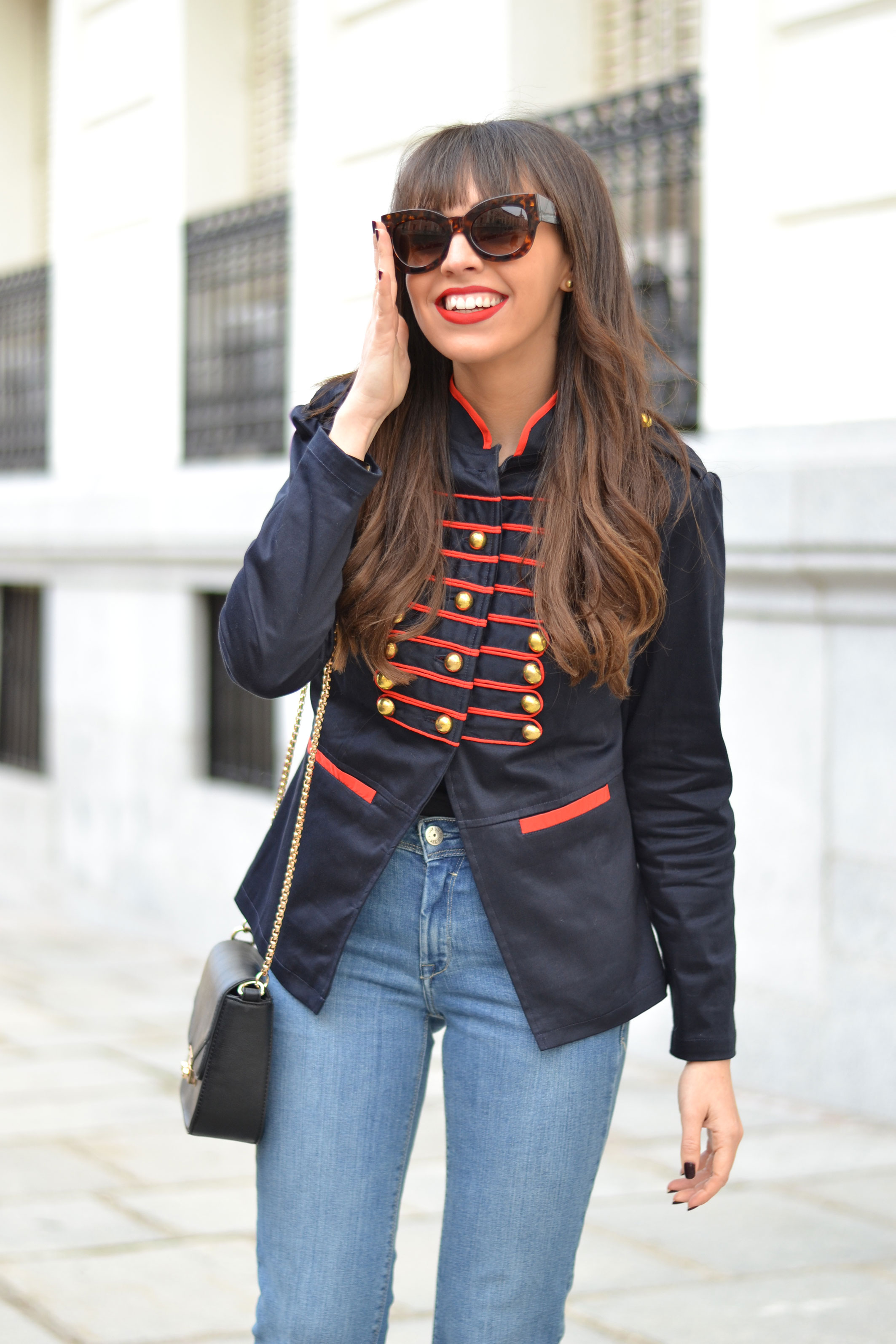 military jacket with red toggles, flared denim pants, street style, winter outfit, daniel wellington